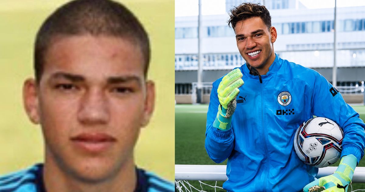 Montagem de duas fotos do goleiro Ederson: &agrave; esquerda, ele jovem com cabelo raspado e camisa azul; &agrave; direita, sorrindo, com cabelo espetado, jaqueta azul do Manchester City, luvas verde-lim&atilde;o e segurando uma bola de futebol