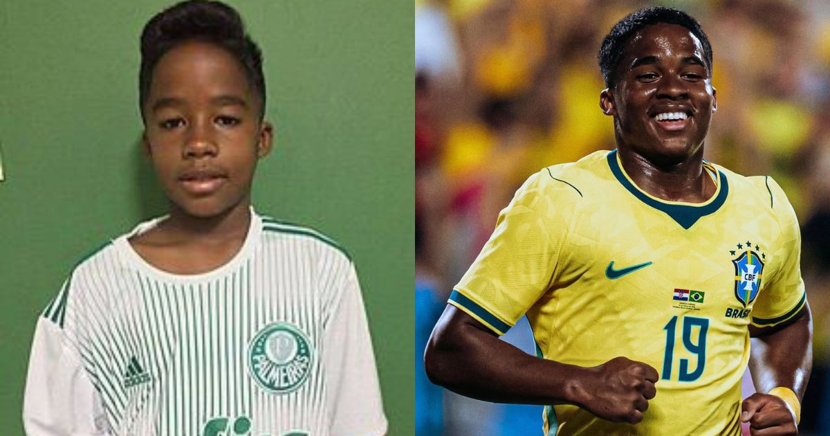 Montagem de duas fotos: &agrave; esquerda, um menino negro com cabelo curto e topete, vestindo camisa listrada verde e branca do Palmeiras, em fundo verde. &Agrave; direita, o jogador Endrick, negro, sorrindo e correndo, com camisa amarela da sele&ccedil;&atilde;o brasileira, n&uacute;mero 19