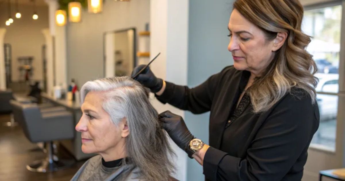 Uma cabeleireira de meia-idade com cabelos castanhos e mechas loiras, usando luvas pretas e blusa preta, aplica tintura no cabelo grisalho de uma cliente sentada de perfil, em um sal&atilde;o de beleza iluminado