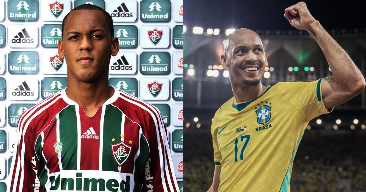 Montagem de dois jogadores de futebol: &agrave; esquerda, um homem jovem de pele escura, cabelo raspado, vestindo camisa listrada verde, vinho e branca do Fluminense, com fundo de logos Adidas, Unimed e Fluminense. &Agrave; direita, um homem careca de pele clara, sorrindo, com camisa amarela da sele&ccedil;&atilde;o brasileira, bra&ccedil;o direito erguido em comemora&ccedil;&atilde;o, em campo de futebol iluminado