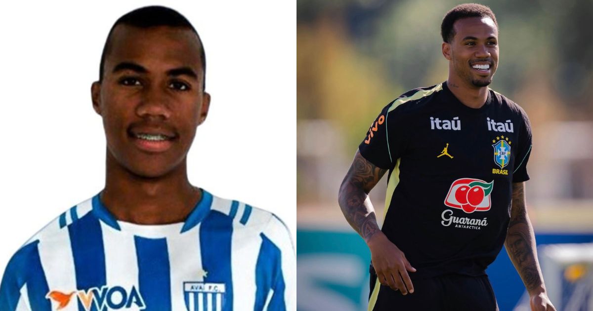 &Agrave; esquerda, um jovem negro com aparelho nos dentes, vestindo camisa azul e branca listrada. &Agrave; direita, o mesmo homem, mais velho, sorrindo, com barba e tatuagens no bra&ccedil;o, usando camisa preta da sele&ccedil;&atilde;o brasileira com patroc&iacute;nios