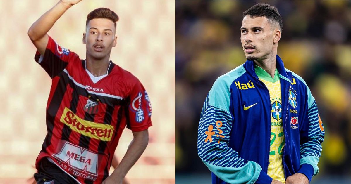 Montagem com duas fotos do jogador Richarlison em diferentes fases da carreira. &Agrave; esquerda, jovem, vestindo camisa vermelha e preta de listras verticais, com o bra&ccedil;o direito levantado. &Agrave; direita, adulto, com barba, usando agasalho azul e verde da sele&ccedil;&atilde;o brasileira, olhando para o lado esquerdo da imagem