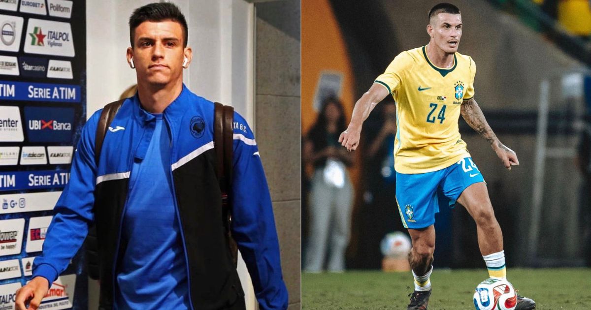Montagem de dois momentos do jogador &Eacute;derson: &agrave; esquerda, ele veste agasalho azul e preto, com fones de ouvido brancos, em frente a um painel de patrocinadores; &agrave; direita, em campo, com uniforme da sele&ccedil;&atilde;o brasileira (camisa amarela e shorts azuis), driblando uma bola