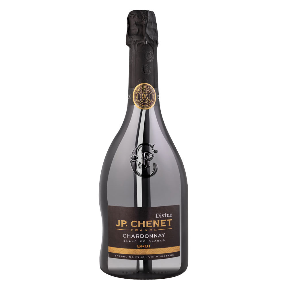 Garrafa de espumante JP Chenet Divine Chardonnay Brut, com corpo cinza escuro e r&oacute;tulo preto e dourado. A tampa &eacute; preta amassada, com um selo dourado no gargalo. O r&oacute;tulo principal exibe JP. CHENET FRANCE CHARDONNAY BLANC DE BLANCS BRUT em letras brancas e douradas, e SPARKLING WINE - VIN MOUSSEUX na base