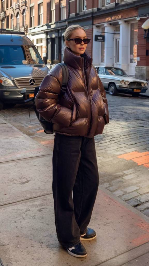 Mulher loira, de &oacute;culos escuros e coque, usando jaqueta puffer marrom brilhante, cal&ccedil;a jeans preta larga e t&ecirc;nis escuros, em cal&ccedil;ada de paralelep&iacute;pedos com carros e pr&eacute;dios ao fundo
