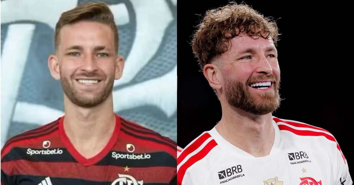 Comparativo de dois jogadores de futebol sorrindo. &Agrave; esquerda, um homem jovem de cabelo curto e barba rala, vestindo camisa rubro-negra. &Agrave; direita, um homem de cabelo cacheado e barba cheia, vestindo camisa branca com listras vermelhas