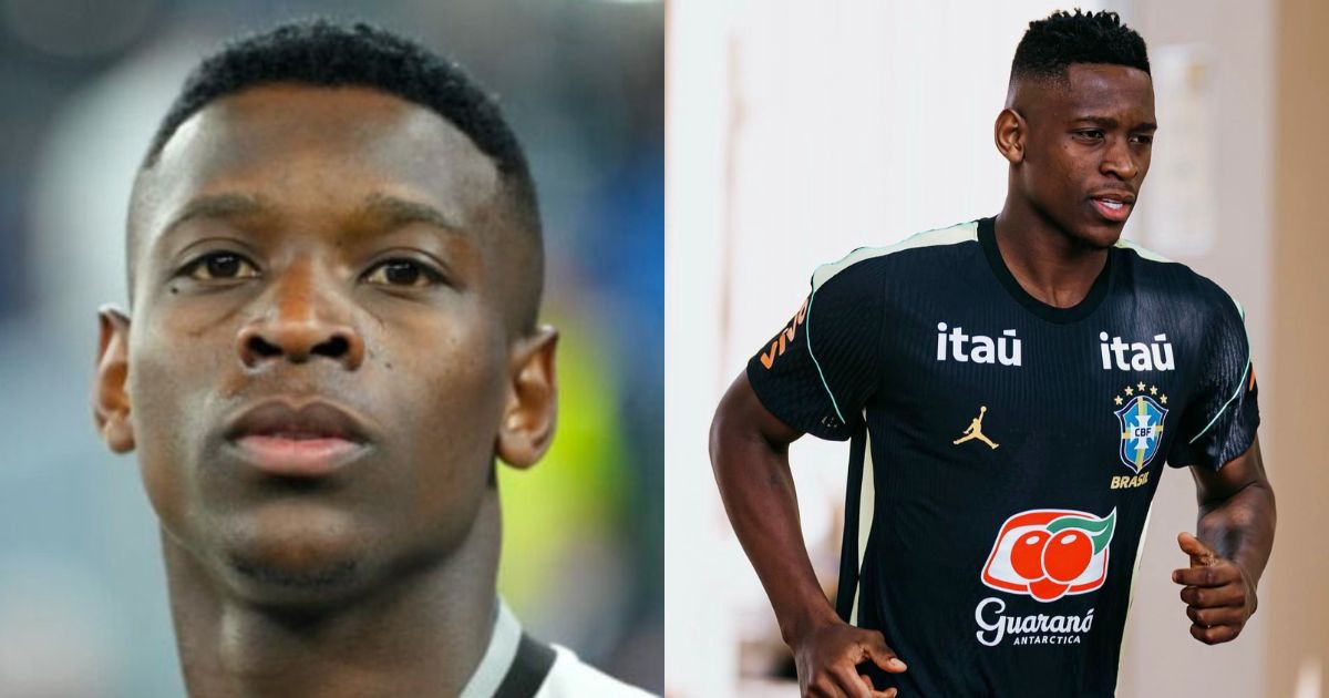 Montagem com duas fotos do jogador de futebol Rodrygo. &Agrave; esquerda, close no rosto s&eacute;rio, olhando para frente. &Agrave; direita, ele corre em campo, vestindo camisa azul-marinho da sele&ccedil;&atilde;o brasileira com patroc&iacute;nios Ita&uacute; e Guaran&aacute; Antarctica