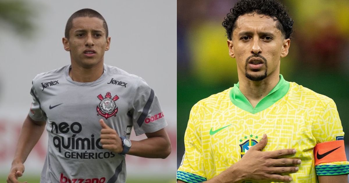 Montagem de duas fotos: &agrave; esquerda, um jovem Marquinhos com cabelo raspado, vestindo camisa cinza do Corinthians e correndo; &agrave; direita, Marquinhos adulto, com barba e cabelo cacheado, usando camisa amarela da sele&ccedil;&atilde;o brasileira com a m&atilde;o no peito