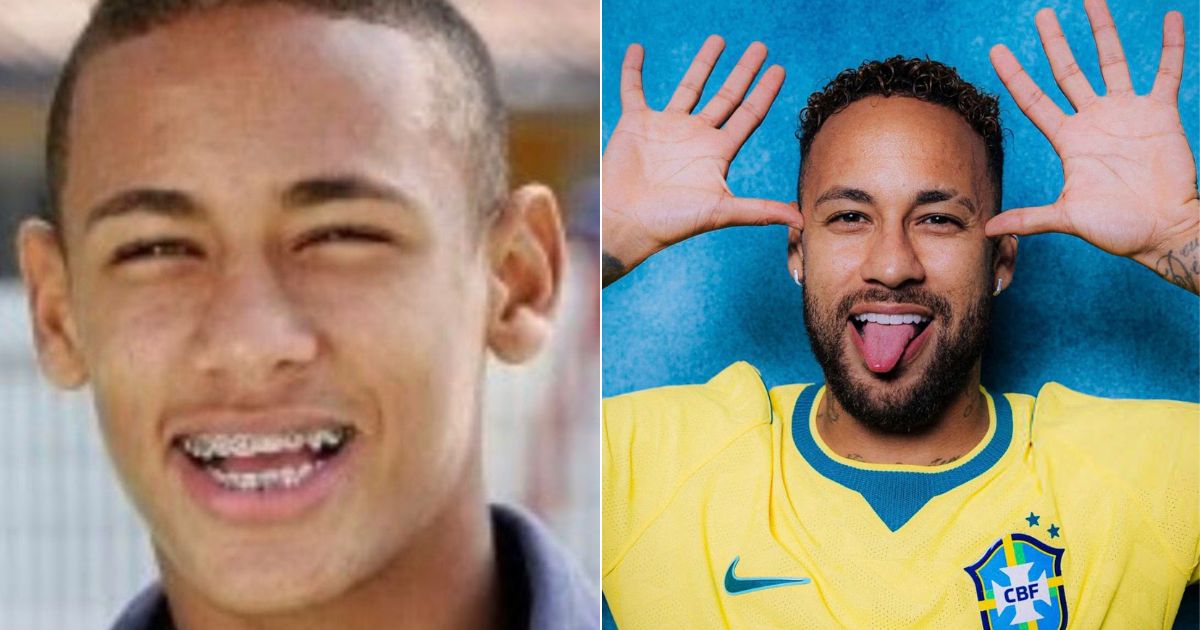 Duas fotos de Neymar lado a lado. &Agrave; esquerda, ele jovem, sorrindo com aparelho nos dentes. &Agrave; direita, adulto, com barba, camisa da sele&ccedil;&atilde;o brasileira, fazendo careta com a l&iacute;ngua para fora e m&atilde;os abertas ao lado do rosto