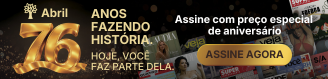 Banner promocional da Editora Abril com o número 76 em dourado, celebrando 76 anos fazendo história. O texto convida a Assine com preço especial de aniversário e apresenta um botão dourado ASSINE AGORA sobreposto a várias capas de revistas como Veja e Superinteressante