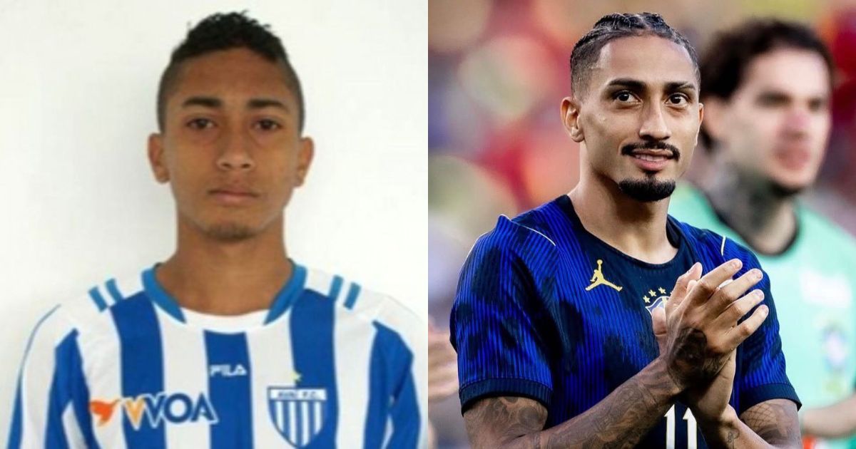 Montagem de duas fotos do jogador Marquinhos: &agrave; esquerda, jovem, com cabelo curto e camisa listrada azul e branca do Ava&iacute;; &agrave; direita, adulto, com tran&ccedil;as, barba e camisa azul escura, aplaudindo em campo