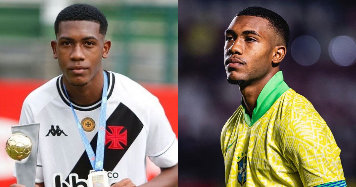 Montagem de duas fotos de um jovem jogador de futebol negro. &Agrave; esquerda, ele veste camisa branca do Vasco, segurando um trof&eacute;u dourado e uma medalha. &Agrave; direita, ele usa camisa amarela da sele&ccedil;&atilde;o brasileira, com gola verde, olhando para o lado