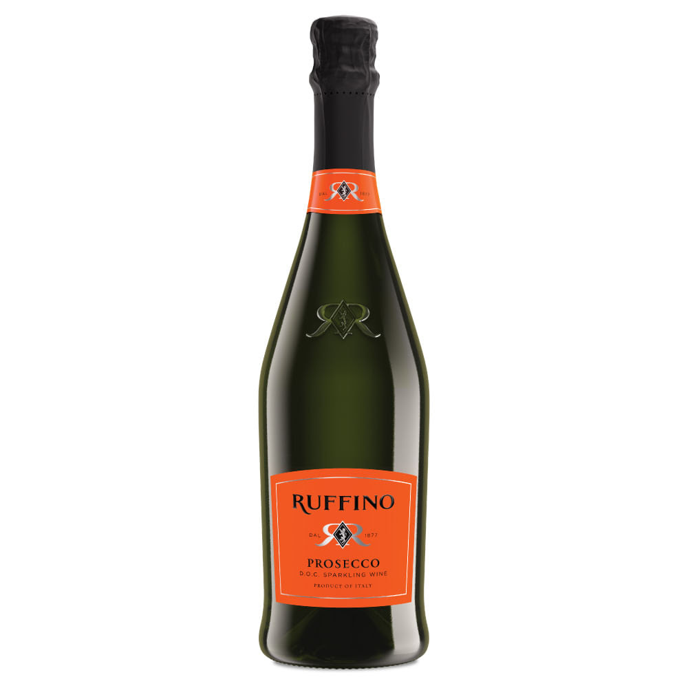 Garrafa de espumante Ruffino Prosecco, verde escura, com r&oacute;tulo laranja e letras brancas. A tampa &eacute; preta e texturizada, e o r&oacute;tulo principal exibe o nome RUFFINO em destaque, seguido por PROSECCO D.O.C. SPARKLING WINE PRODUCT OF ITALY