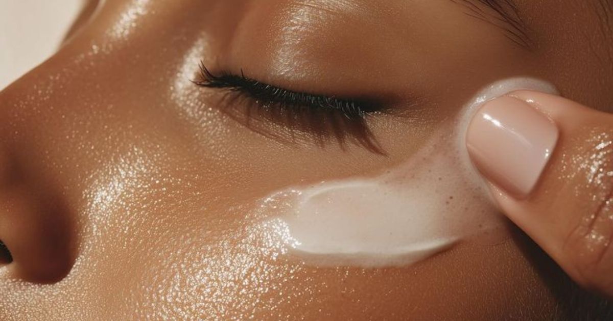 Close-up de uma pessoa com pele morena e olhos fechados, recebendo aplica&ccedil;&atilde;o de creme branco na p&aacute;lpebra inferior por um dedo com unha pintada de nude