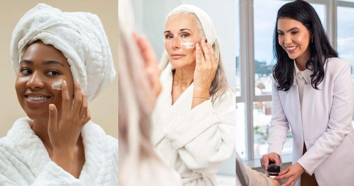 Tr&ecirc;s mulheres em diferentes momentos de cuidado com a pele: uma jovem negra sorrindo com toalha na cabe&ccedil;a aplicando creme no rosto, uma mulher idosa de cabelos grisalhos aplicando creme no espelho, e uma m&eacute;dica examinando a pele de um paciente