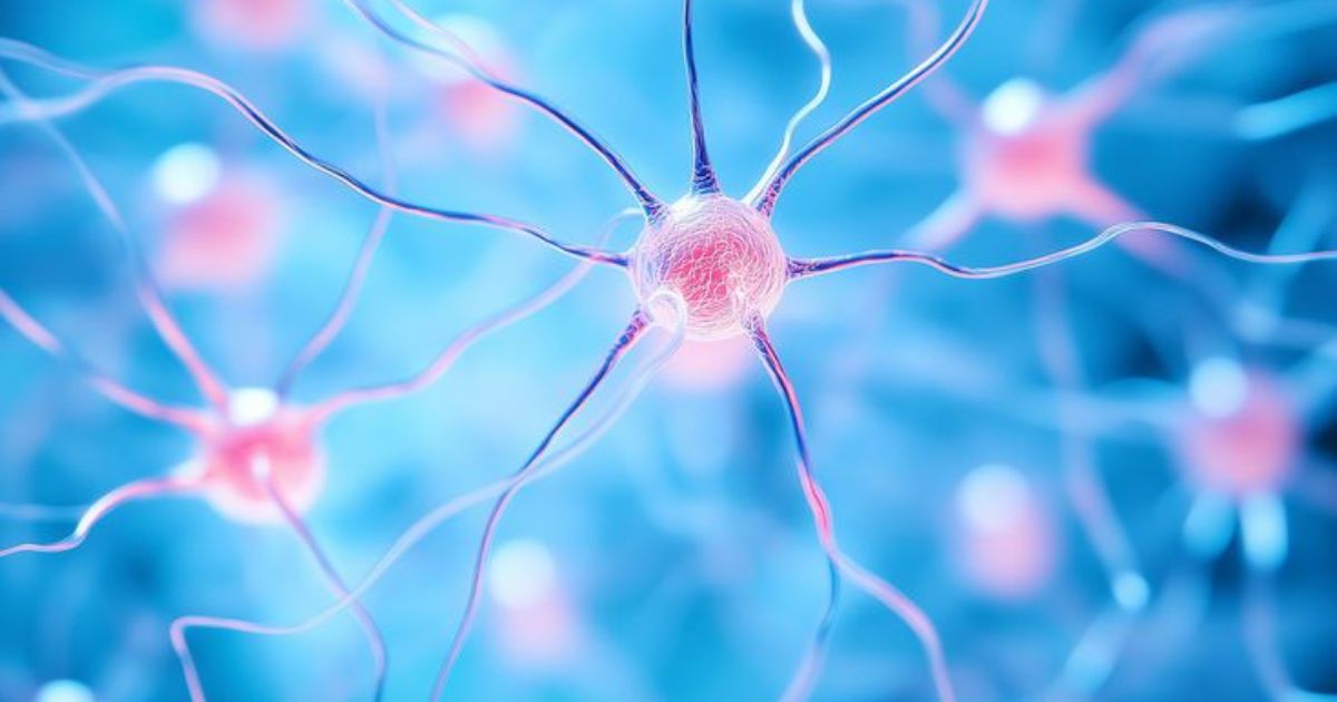 Representa&ccedil;&atilde;o digital de neur&ocirc;nios, com um em destaque no centro, exibindo corpo celular rosa e dendritos azuis se estendendo em um fundo azul claro e desfocado, com outros neur&ocirc;nios menos n&iacute;tidos ao redor