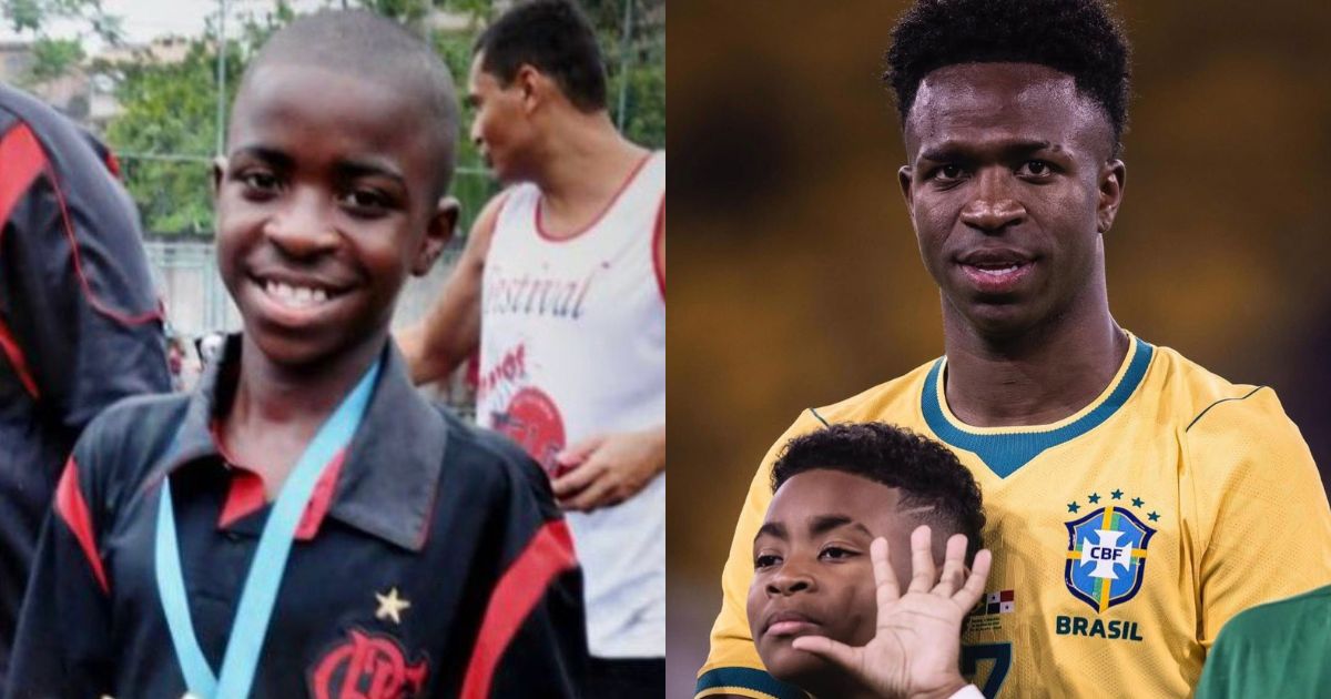 Montagem de duas fotos: &agrave; esquerda, Vinicius Jr. crian&ccedil;a, sorrindo, com camisa do Flamengo e medalha no pesco&ccedil;o; &agrave; direita, Vinicius Jr. adulto, s&eacute;rio, vestindo a camisa da sele&ccedil;&atilde;o brasileira, com uma crian&ccedil;a ao lado