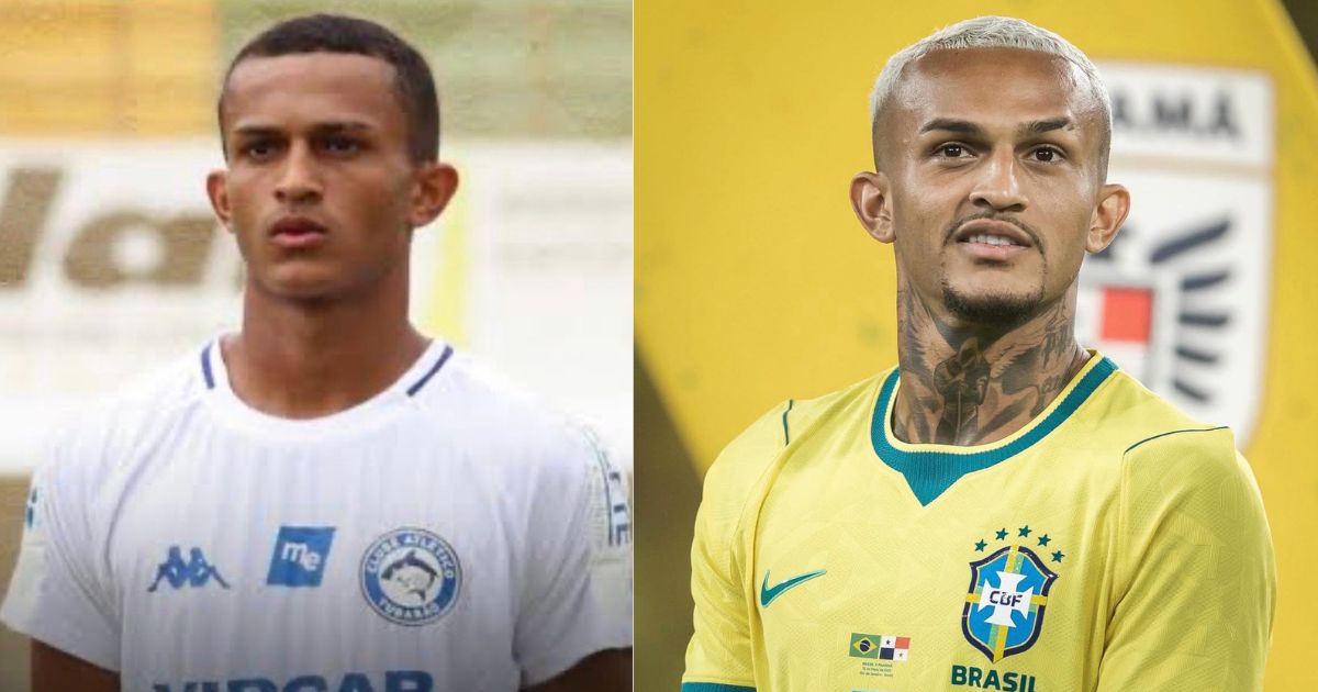 Comparativo de um jogador de futebol: &agrave; esquerda, jovem, pele morena, cabelo curto, camisa branca com listras azuis; &agrave; direita, mais velho, cabelo loiro platinado, barba rala, tatuagens no pesco&ccedil;o, camisa amarela da sele&ccedil;&atilde;o brasileira