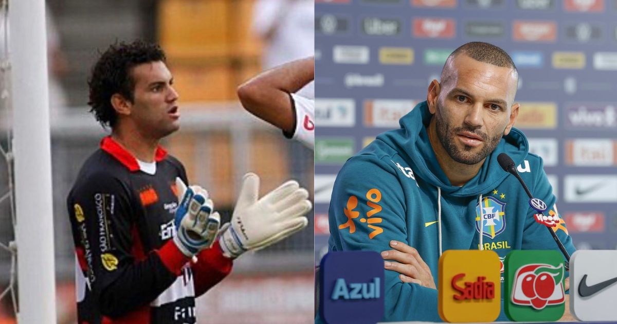 Montagem de duas fotos: &agrave; esquerda, um goleiro jovem de cabelo encaracolado, vestindo camisa preta e vermelha, luvas brancas e azuis, olhando para a direita com a boca aberta; &agrave; direita, um homem careca com barba rala, vestindo um moletom azul da sele&ccedil;&atilde;o brasileira, sentado em uma coletiva de imprensa com microfone &agrave; frente e logotipos de patrocinadores ao fundo