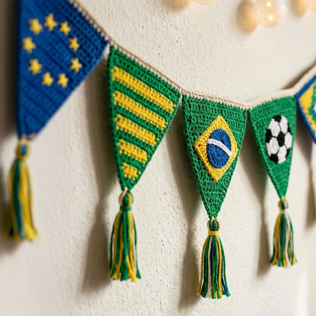 Bandeirinhas de croch&ecirc; penduradas em uma parede branca, com a bandeira da Uni&atilde;o Europeia, bandeira do Brasil e uma bola de futebol. Cada bandeirinha tem um tassel colorido na ponta