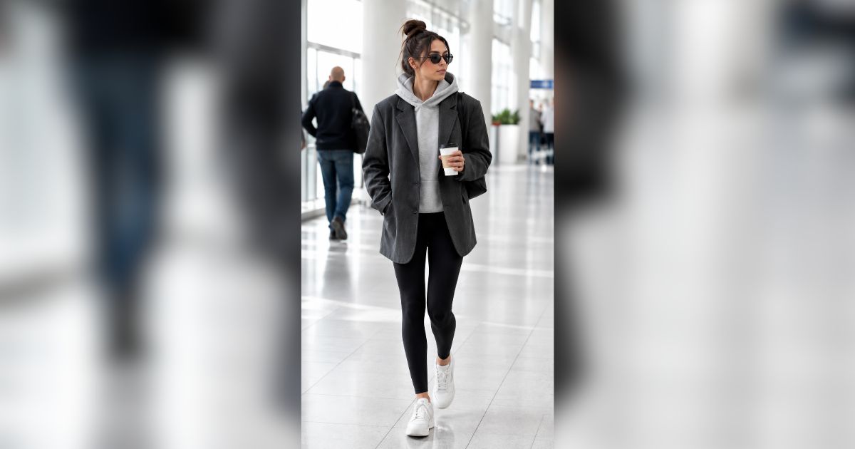 Mulher jovem de &oacute;culos escuros, coque no cabelo, blazer cinza sobre moletom claro, cal&ccedil;a legging preta e t&ecirc;nis brancos, caminhando em um ambiente interno iluminado, segurando um copo branco na m&atilde;o direita. Um homem desfocado caminha ao fundo