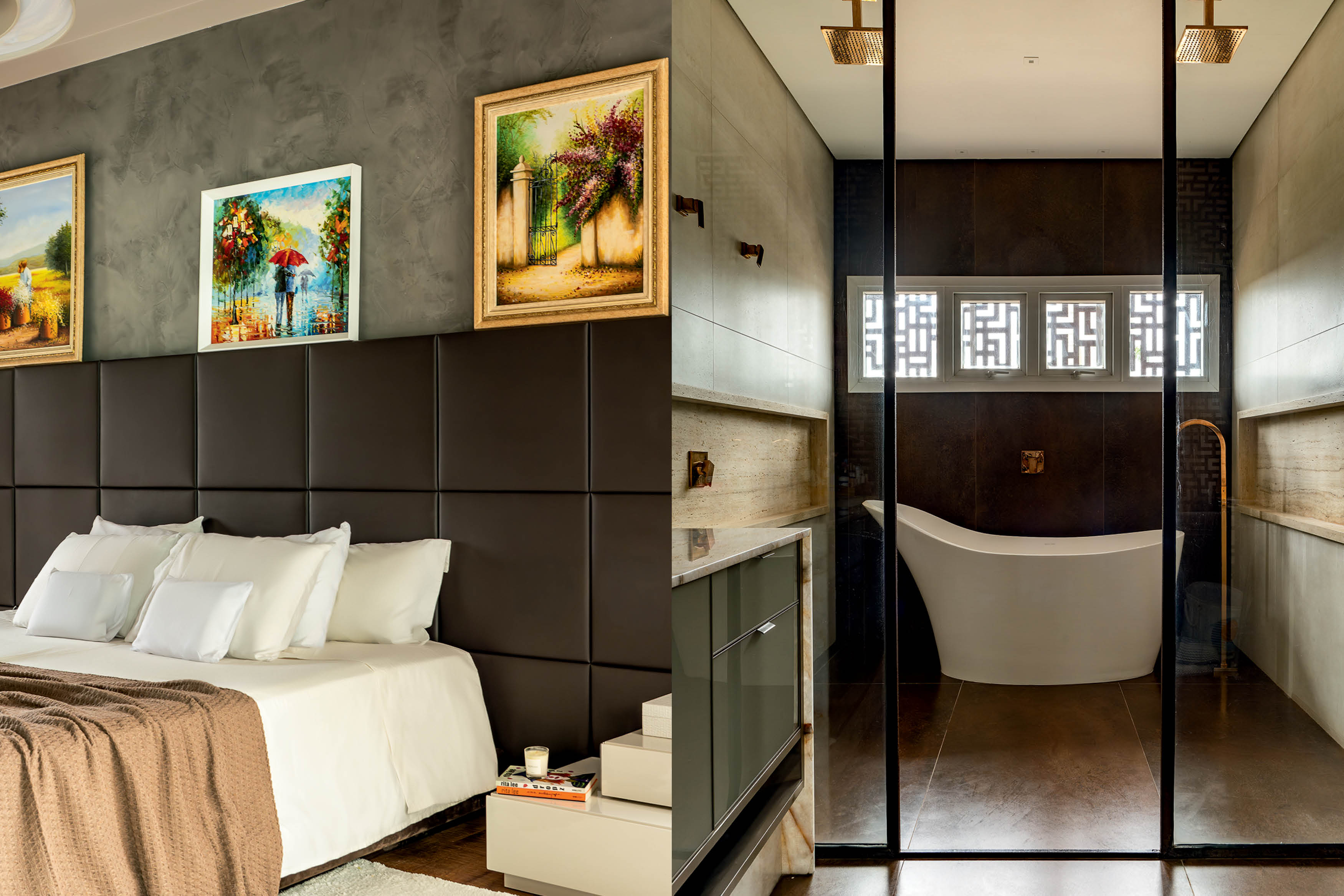 Quarto e banheiro luxuosos. No quarto, cama com cabeceira estofada marrom e tr&ecirc;s quadros coloridos. No banheiro, banheira branca, chuveiro dourado e janela com detalhes geom&eacute;tricos