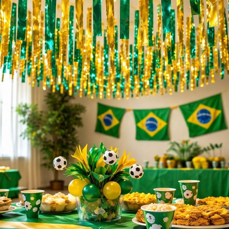 Mesa de festa decorada com tema Brasil, com toalha verde, copos verdes estampados, doces e salgados. O ambiente tem bandeiras brasileiras e fitas verdes e douradas penduradas no teto, al&eacute;m de um arranjo de mesa com bolas de futebol, bal&otilde;es e folhagens