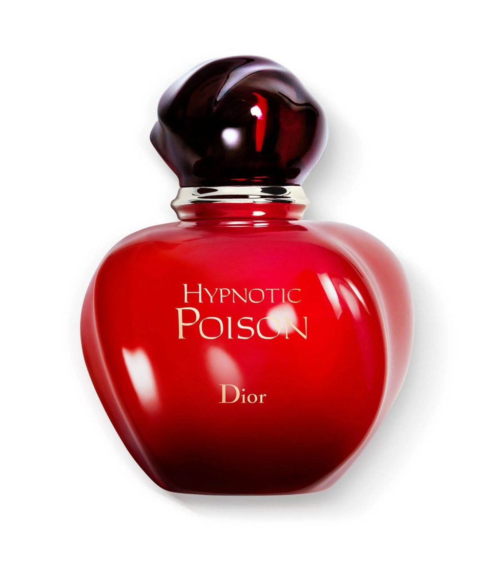 Frasco de perfume Hypnotic Poison da Dior, vermelho vibrante com formato arredondado e tampa escura, sobre fundo branco