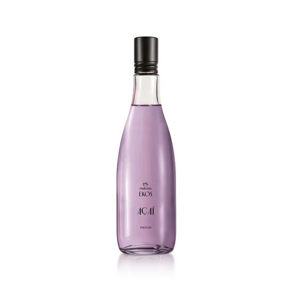 Frasco de vidro transparente com l&iacute;quido lil&aacute;s, tampa preta. R&oacute;tulo branco com natura EKOS A&Ccedil;A&Iacute; FRESCOR em preto