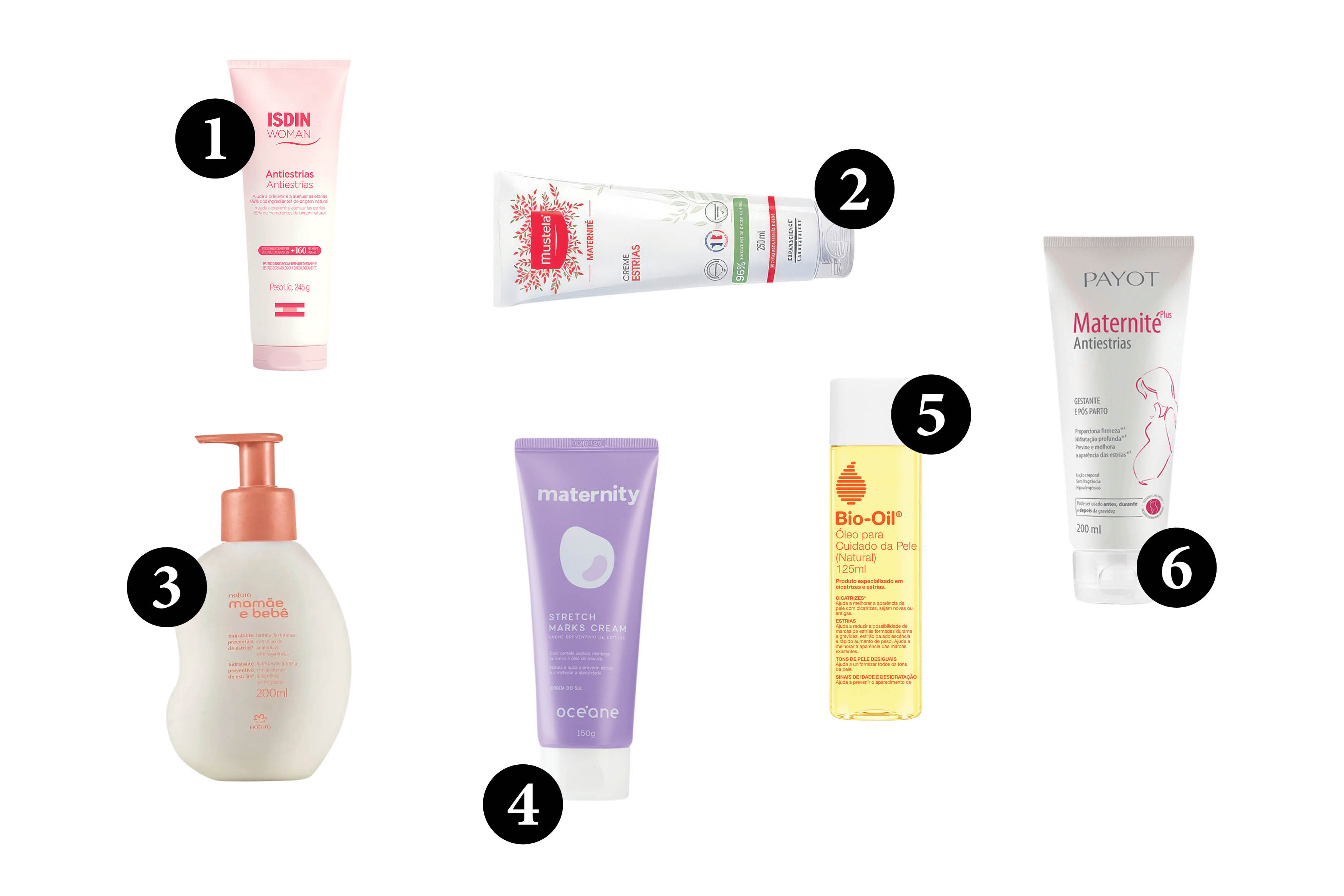 Seis produtos para gestantes contra estrias: creme Isdin Woman, creme Mustela Maternit&eacute;, lo&ccedil;&atilde;o Mam&atilde;e e Beb&ecirc;, creme Oc&eacute;ane Maternity, &oacute;leo Bio-Oil e creme Payot Maternit&eacute;