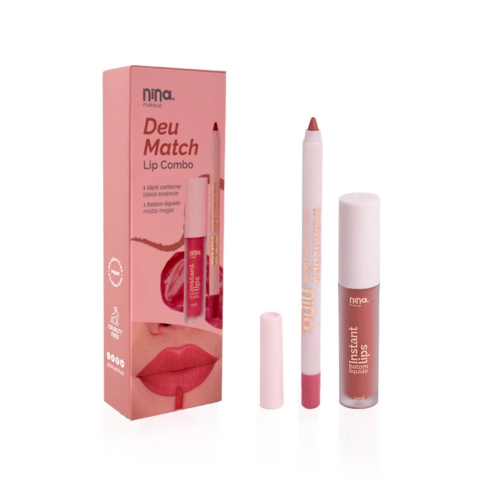 Kit de maquiagem Nina Makeup Deu Match Lip Combo, com caixa rosa claro, l&aacute;pis contorno labial e batom l&iacute;quido matte na cor terracota, sobre fundo branco