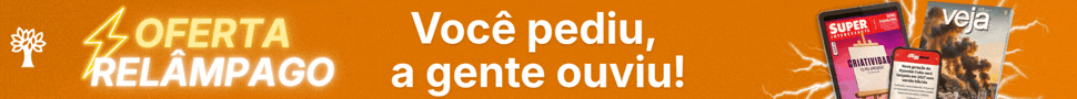 Banner laranja com texto branco OFERTA RELÂMPAGO e Você pediu, a gente ouviu!. À esquerda, um ícone de árvore. À direita, capas de revistas digitais e um celular exibindo notícias, com raios brancos ao fundo