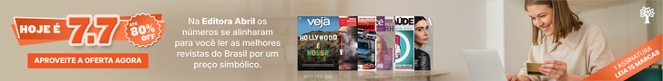 Banner promocional da Editora Abril. À esquerda, HOJE É 7.7 e ATÉ 80% OFF em destaque laranja, com um botão APROVEITE A OFERTA AGORA. Ao centro, texto Na Editora Abril os números se alinharam para você ler as melhores revistas do Brasil por um preço simbólico e capas de revistas como Veja, Quatro Rodas, Você RH, Saúde e Cláudia. À direita, uma mulher sorridente, de camisa bege, segura um cartão dourado enquanto digita em um notebook prateado. Uma faixa laranja diagonal no canto inferior direito diz 1 ASSINATURA LEIA 15 MARCAS. No canto superior direito, um ícone de árvore branca