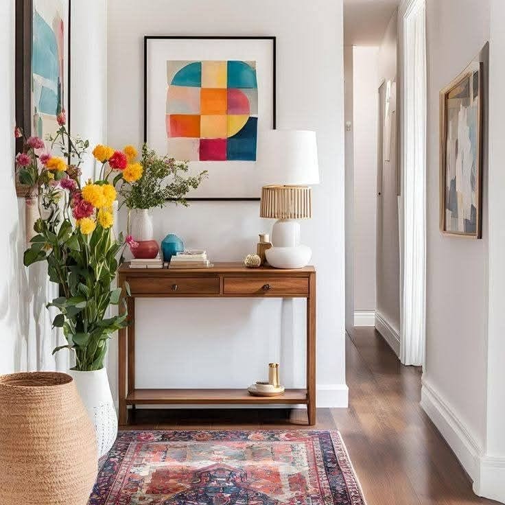 Corredor com paredes brancas, console de madeira com gavetas, lumin&aacute;ria branca e abajur de palha, vaso com flores coloridas, e quadro abstrato de formas geom&eacute;tricas em tons de azul, laranja e amarelo. Um tapete persa cobre o ch&atilde;o de madeira.