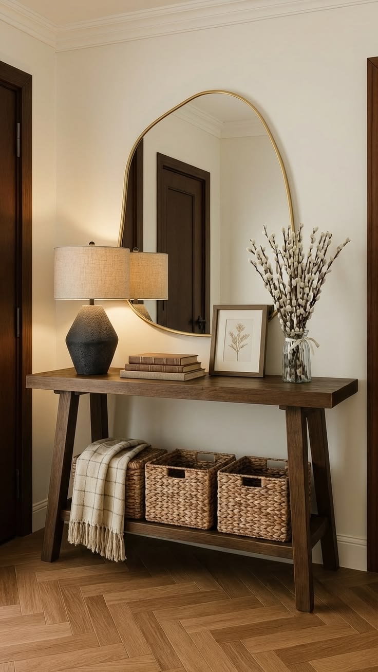 Mesa de console de madeira escura com lumin&aacute;ria preta e bege, livros, vaso com galhos secos e espelho dourado oval. Abaixo, cestos de vime e manta xadrez sobre piso de madeira em espinha de peixe
