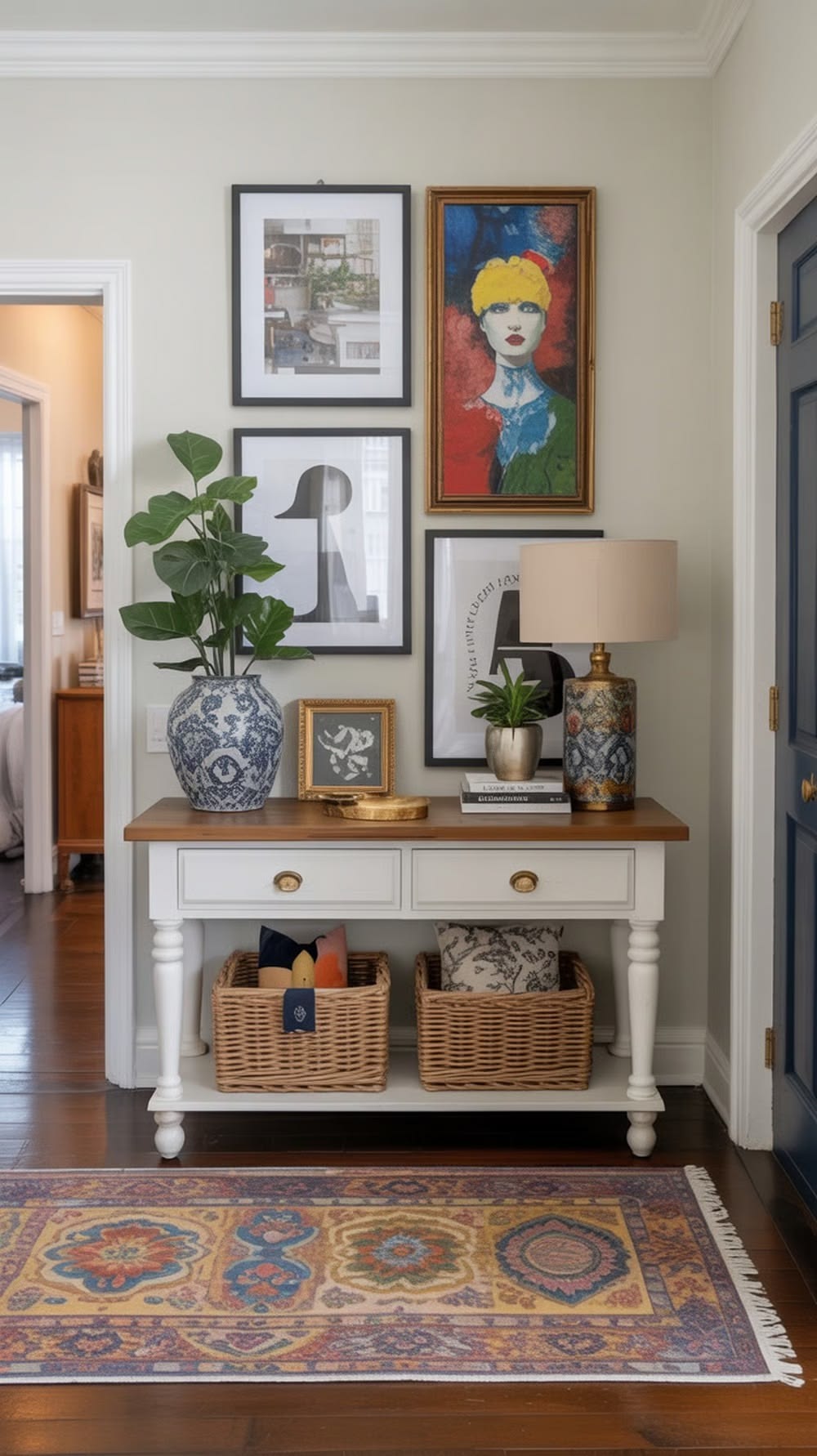 Um aparador de madeira clara com tampo marrom e duas gavetas brancas com puxadores dourados. Sobre ele, um vaso azul e branco com planta, uma lumin&aacute;ria com base colorida e c&uacute;pula bege, e quadros decorativos. Abaixo, duas cestas de vime com almofadas. No ch&atilde;o, um tapete estampado com padr&otilde;es florais em tons de azul, laranja e amarelo. Ao fundo, uma porta azul escura e uma abertura para outro c&ocirc;modo