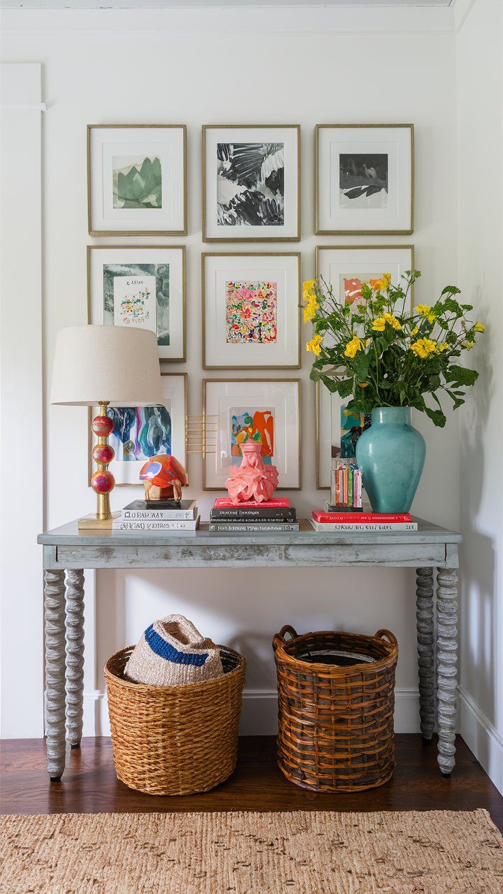Mesa de console cinza com pernas torneadas, decorada com lumin&aacute;ria, livros e objetos coloridos. Acima, nove quadros com molduras douradas exibem obras de arte abstratas e florais. No ch&atilde;o, dois cestos de vime sobre um tapete de juta.