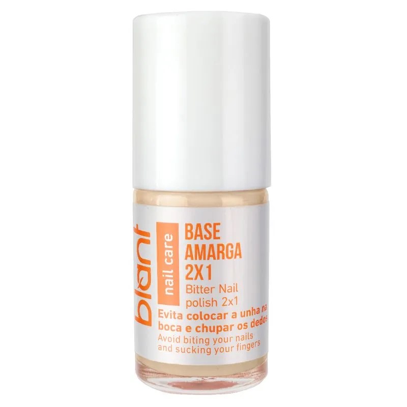 Frasco de esmalte Blant Nail Care Base Amarga 2x1, com l&iacute;quido bege claro e tampa branca. O r&oacute;tulo laranja e branco informa que o produto evita colocar a unha na boca e chupar os dedos