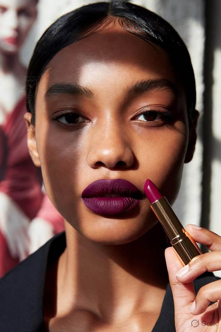 Mulher com pele escura e l&aacute;bios pintados de roxo escuro, segurando um batom roxo vibrante em sua m&atilde;o direita. A luz do sol incide em seu rosto, criando sombras dram&aacute;ticas. Ela veste uma blusa preta, e ao fundo, uma figura borrada em tons avermelhados.