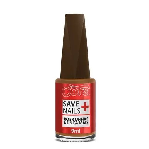 Frasco de esmalte Cora Save Nails, com tampa marrom escura e corpo de vidro transparente contendo l&iacute;quido marrom claro. O r&oacute;tulo vermelho exibe o nome da marca em branco, SAVE NAILS e um sinal de mais vermelho, seguido por ROER UNHAS NUNCA MAIS e 9ml