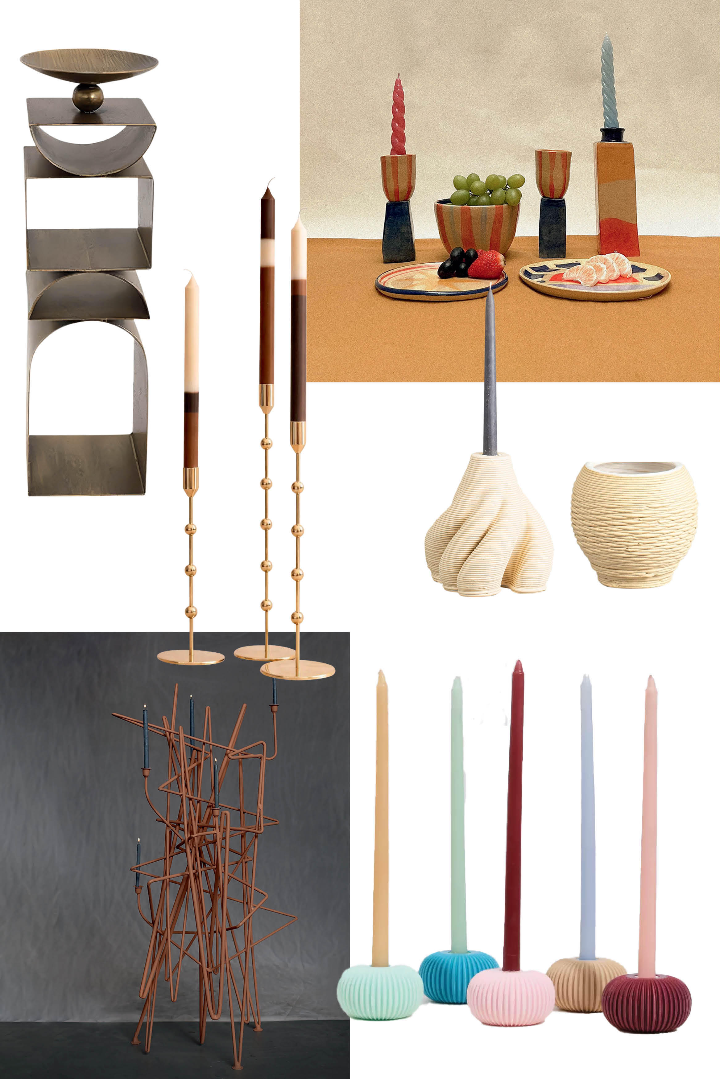 Colagem de objetos de decora&ccedil;&atilde;o: um casti&ccedil;al met&aacute;lico em camadas, dois casti&ccedil;ais altos dourados com velas listradas, uma mesa com frutas e velas em vasos, um casti&ccedil;al creme em espiral e um vaso texturizado, um candelabro de metal emaranhado com velas azuis, e cinco velas coloridas em bases redondas