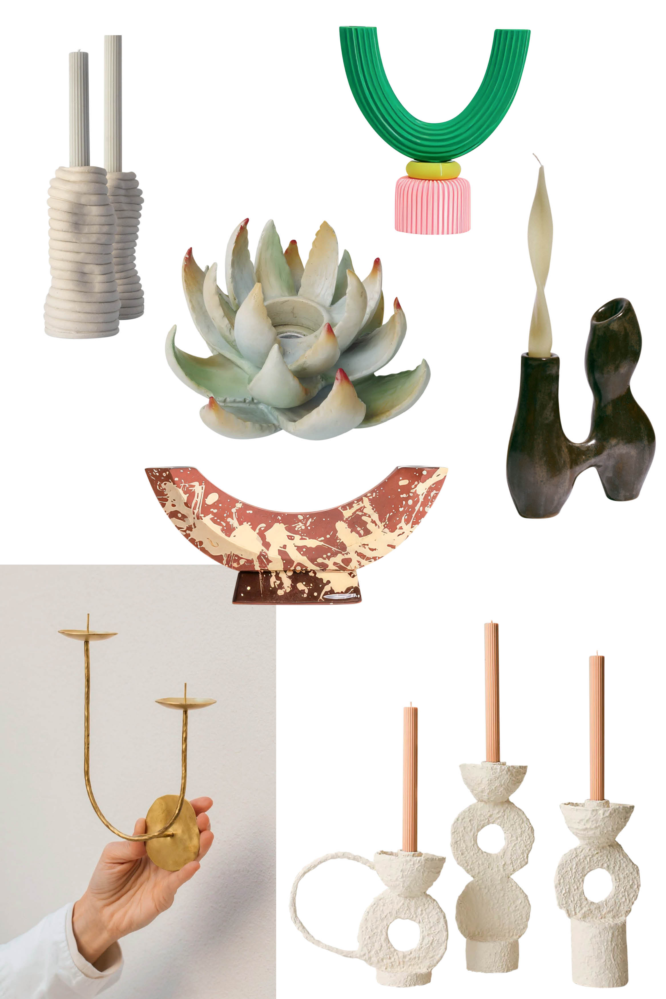 Uma colagem de objetos de decora&ccedil;&atilde;o modernos: dois casti&ccedil;ais brancos com velas, uma suculenta verde e vermelha, um vaso verde e rosa, um casti&ccedil;al preto com vela torcida, um vaso marrom com detalhes dourados, um casti&ccedil;al dourado sendo segurado por uma m&atilde;o, e tr&ecirc;s casti&ccedil;ais brancos texturizados com velas salm&atilde;o