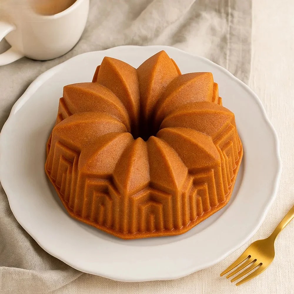 Bolo de fub&aacute; em formato de flor com centro vazado, cor marrom-claro, sobre prato branco com borda ondulada, ao lado de um garfo dourado e uma x&iacute;cara branca com caf&eacute; ao fundo, em uma mesa com toalha bege