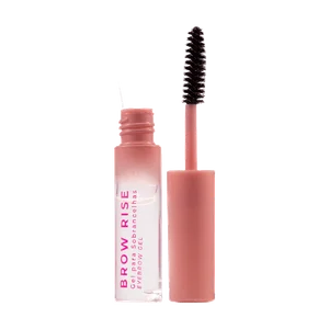 Tubo de gel para sobrancelhas Brow Rise, com embalagem rosa e branca, ao lado de seu aplicador com escova preta, ambos em fundo branco