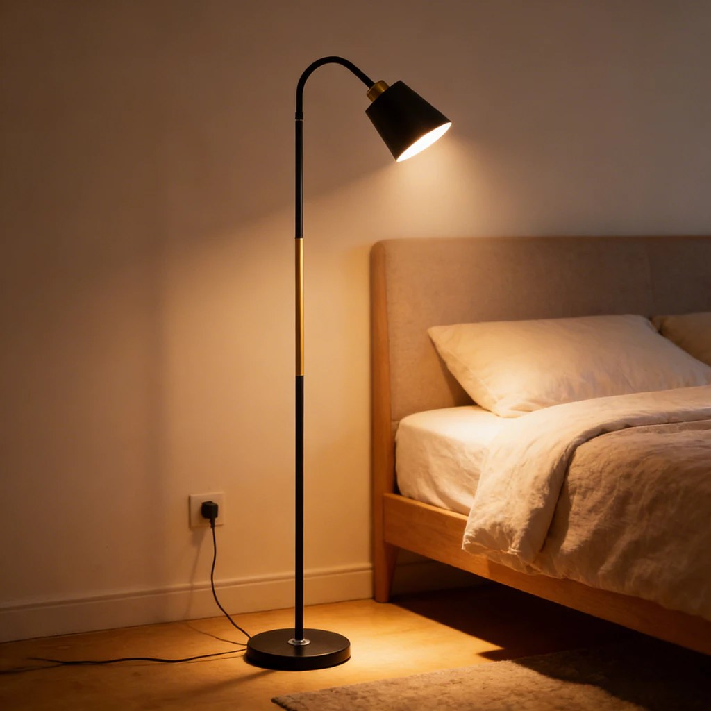 Abajur de ch&atilde;o preto e dourado aceso, iluminando um quarto com cama de madeira e cabeceira estofada bege, len&ccedil;&oacute;is claros e um tapete marrom no ch&atilde;o