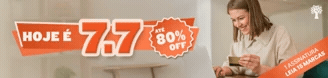 Banner promocional com HOJE É 7.7 e ATÉ 80% OFF em destaque laranja. À direita, uma mulher sorridente, de camisa clara, segura um cartão dourado enquanto digita em um notebook. No canto inferior direito, uma faixa laranja com 1 ASSINATURA LEIA 15 MARCAS