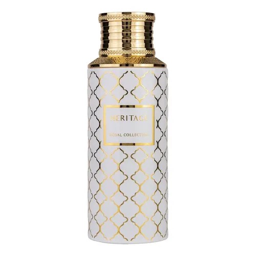 Frasco de perfume branco com tampa dourada e detalhes em relevo. O corpo tem um padr&atilde;o geom&eacute;trico dourado, e um r&oacute;tulo central dourado com HERITAGE ROYAL COLLECTION em letras brancas