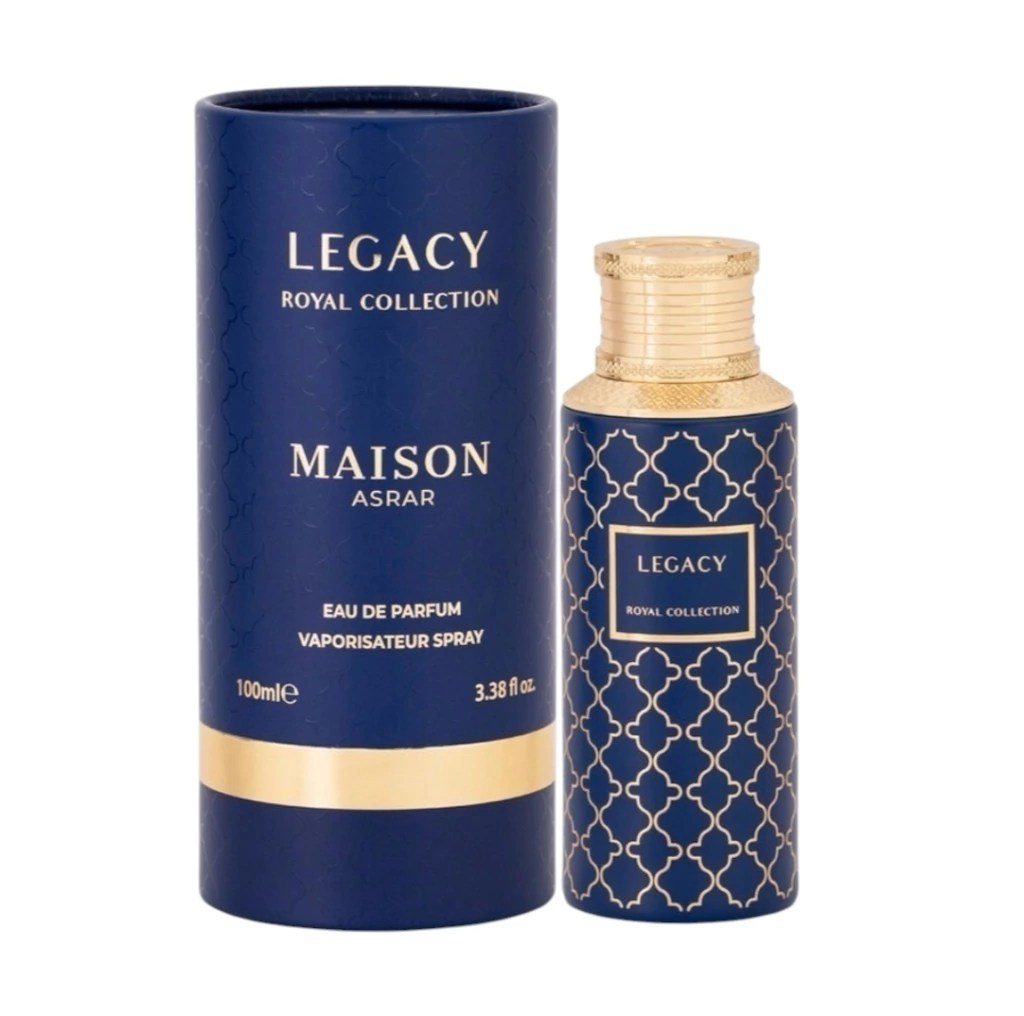 Frasco de perfume Legacy Royal Collection Maison Asrar azul-marinho com detalhes dourados e caixa cil&iacute;ndrica combinando, sobre fundo branco