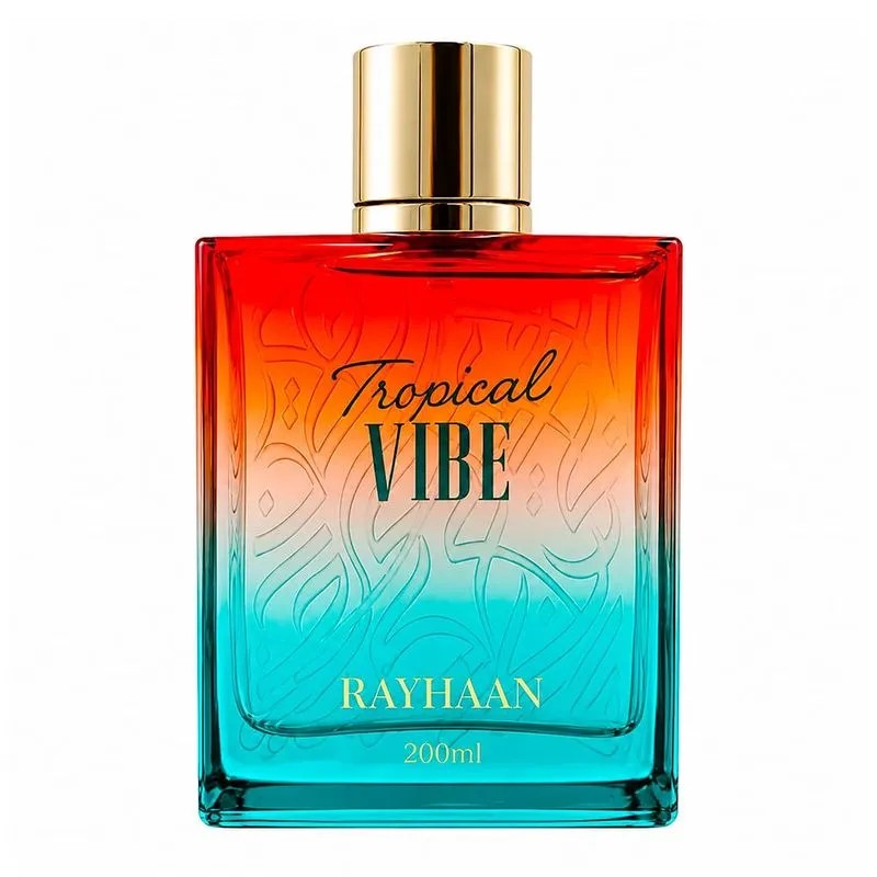 Frasco de perfume retangular com tampa dourada, degrad&ecirc; de cores vibrantes do vermelho ao laranja e azul-turquesa. O nome Tropical VIBE est&aacute; em destaque, com RAYHAAN e 200ml abaixo, sobre um fundo com padr&otilde;es abstratos em relevo
