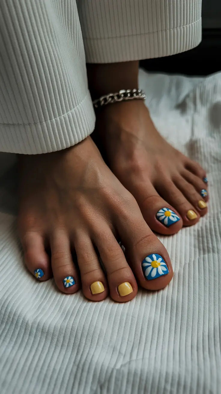 P&eacute;s de uma pessoa com tornozeleira prateada, unhas pintadas de azul com margaridas brancas e amarelas, e unhas amarelas, sobre um tecido branco canelado